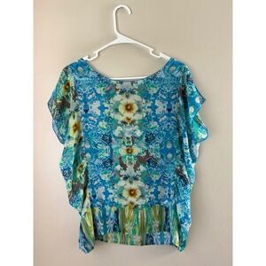 Y2K Floral Print Blue Green Sheer Flowy Blouse Top -‎ Size M Fairycore
